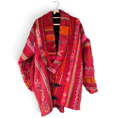 Vintage Boho Woven Kimono Jacket Red Stripes Pockets Kantha, Size XL