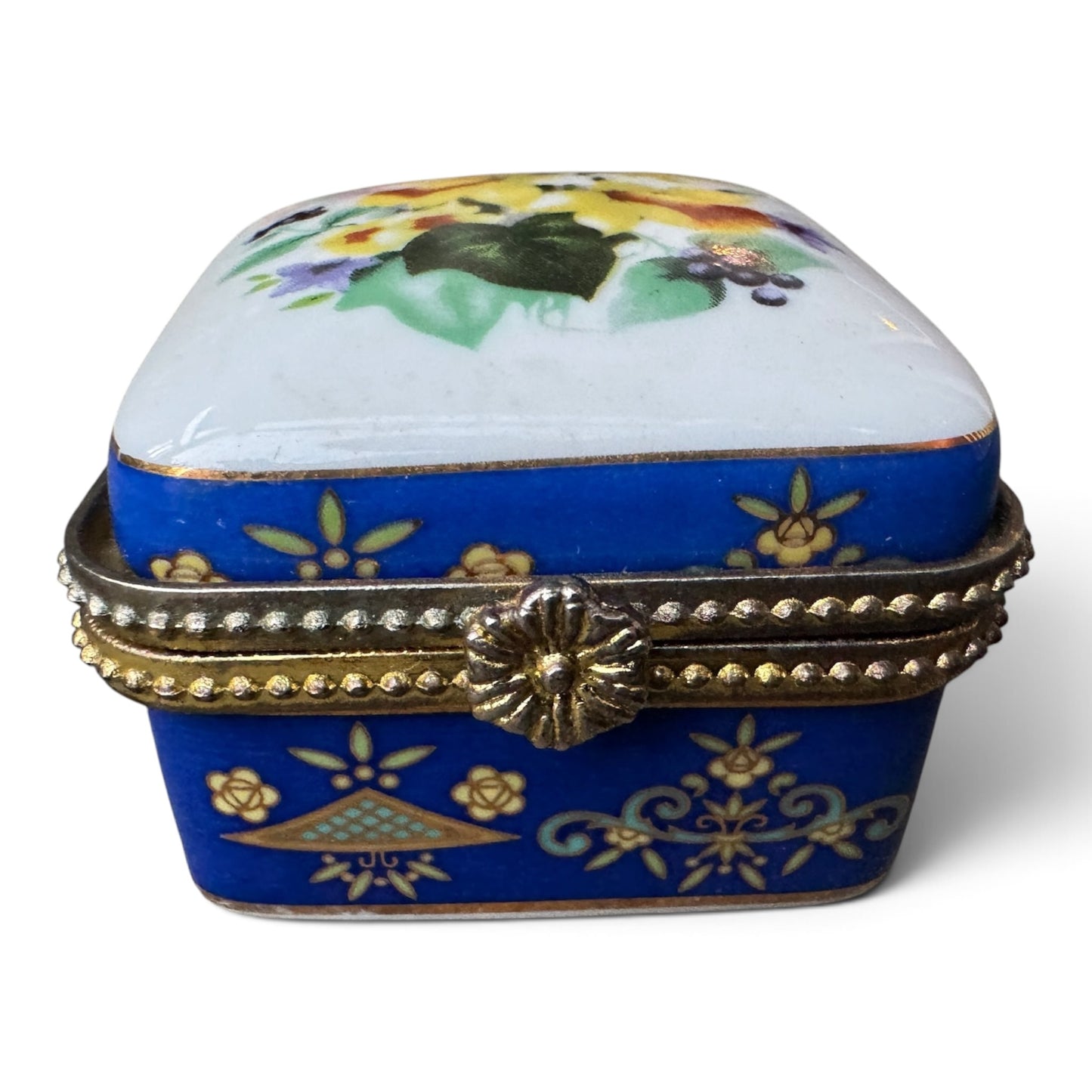 Vintage Cobalt Blue Porcelain Floral Hinged Trinket Box