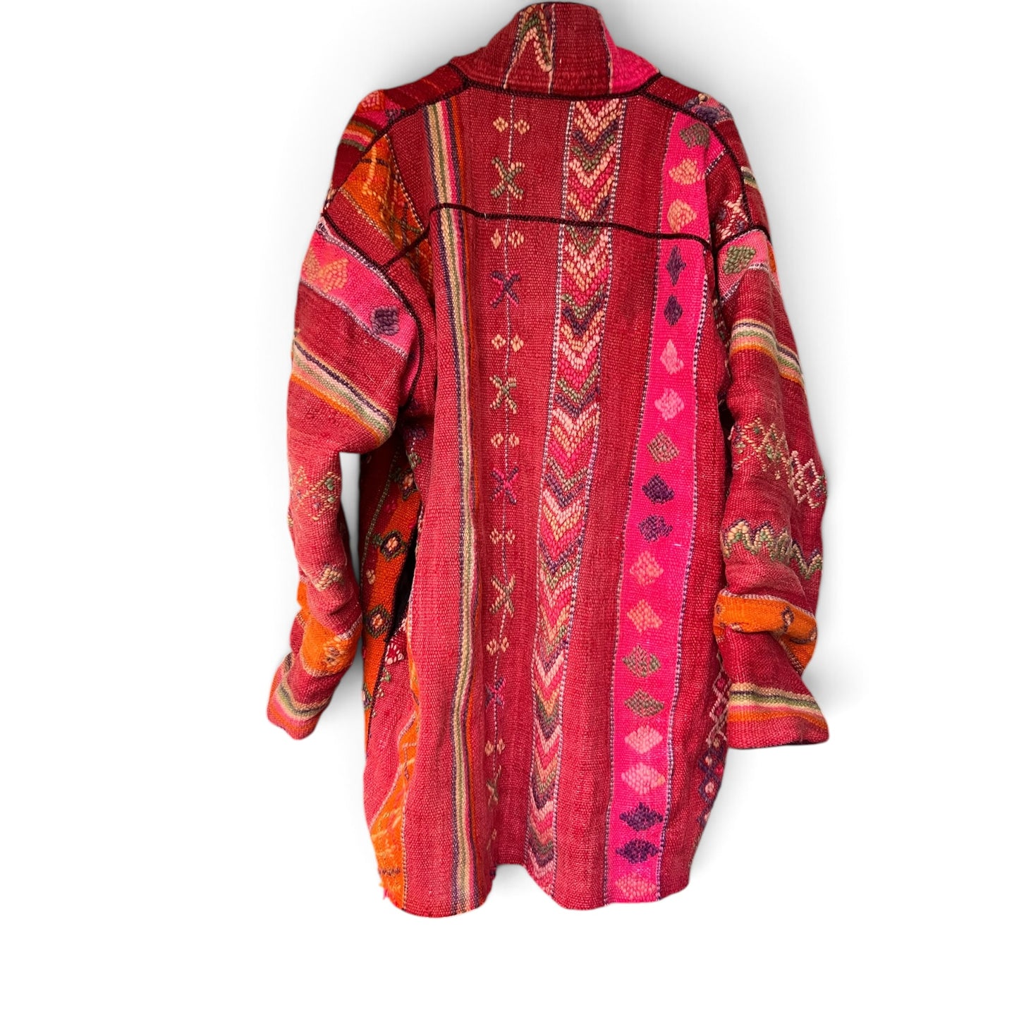 Vintage Boho Woven Kimono Jacket Red Stripes Pockets Kantha, Size XL