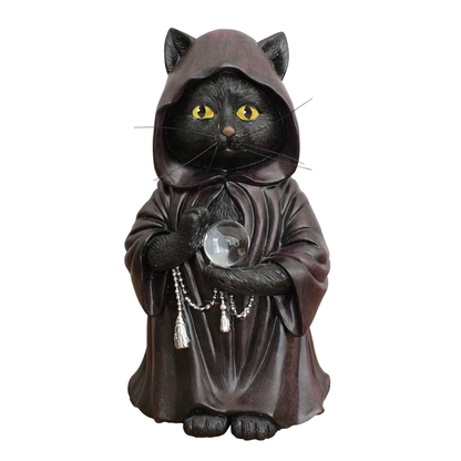 Ominious Black Cat Wizard Figurine, 7" Solar Light