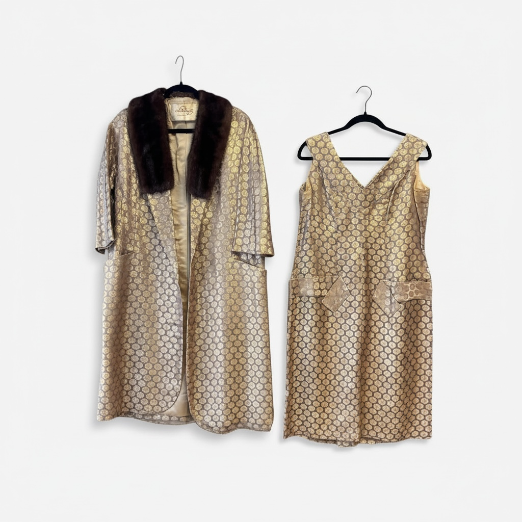 2-Piece Vintage Gold Dress + Fur Collar Coat by Schleisner Co., size medium