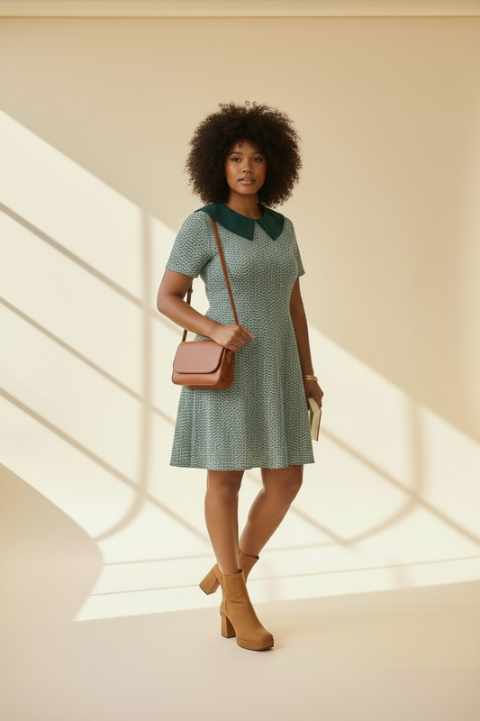 1970s Green and White Mini Dress With Oversized Collar, size m