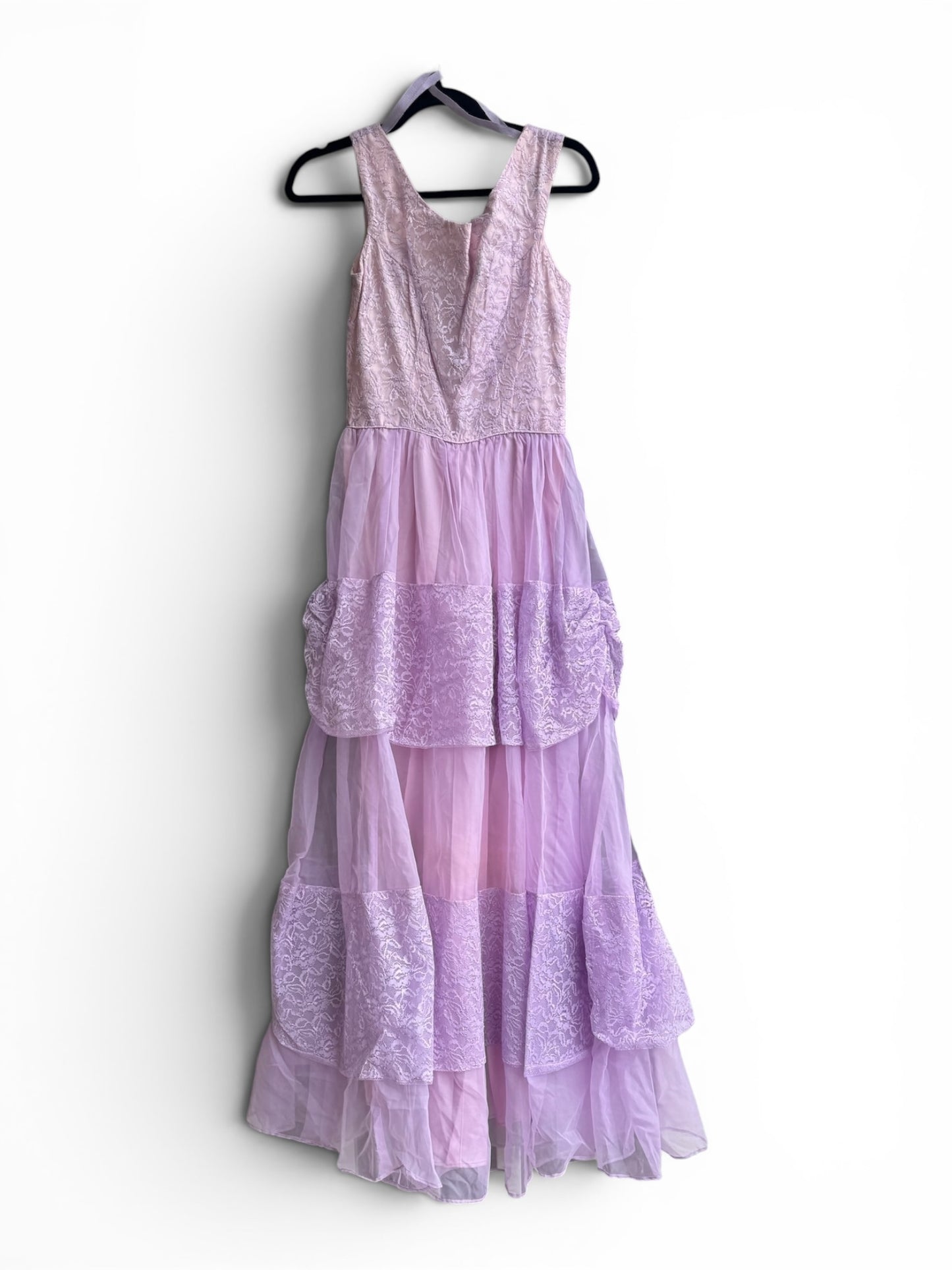 Vintage Lilac Romantic Formal Dress With Tiered Tulle & Lace, Size XS/S