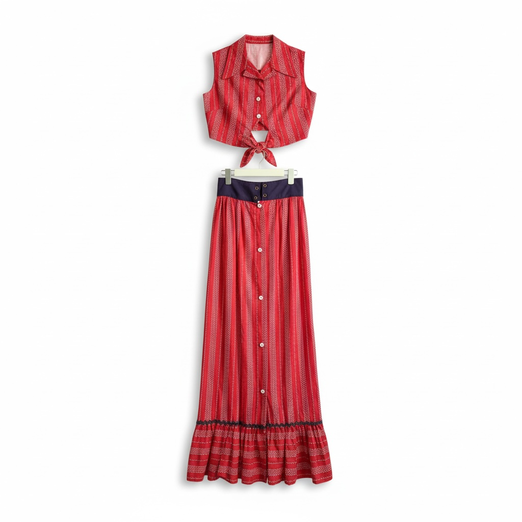 Vintage 70’s 2-Piece Crop Top + Maxi Skirt Set, Size XS / S
