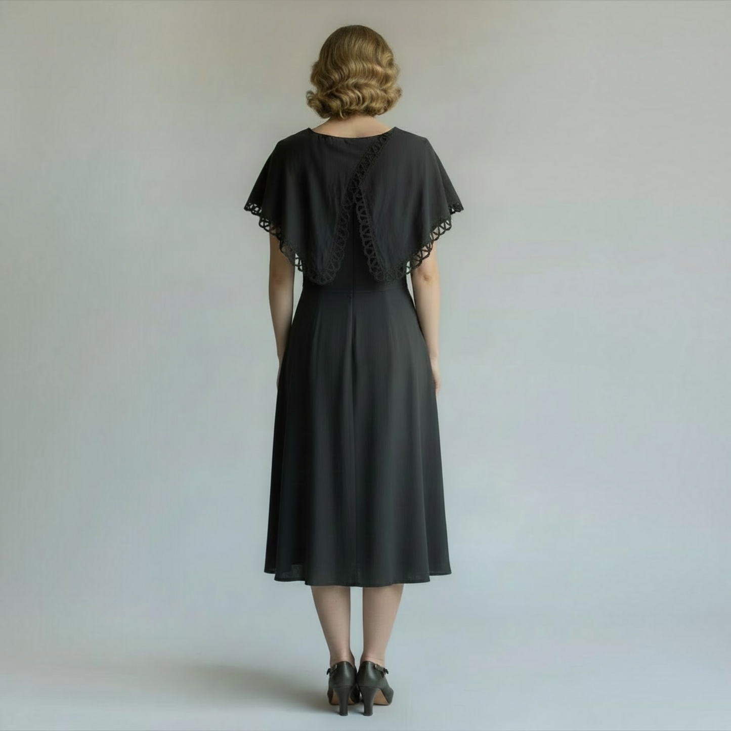 Authentic Vintage 1940s Black Capelet Collar A-Line Midi Dress, Size (Coming Soon)