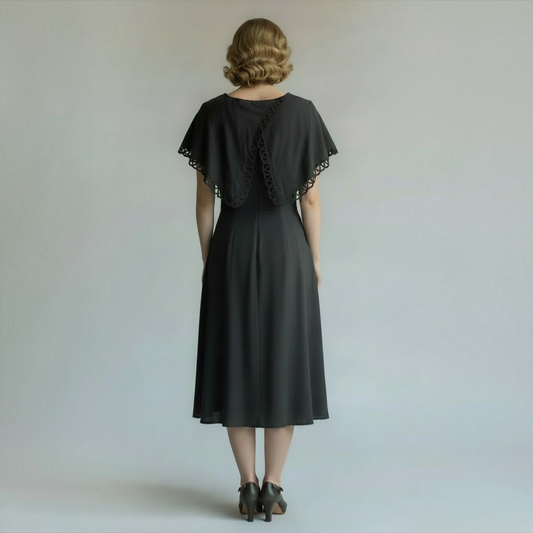 Authentic Vintage 1940s Black Capelet Collar A-Line Midi Dress, Size S/M