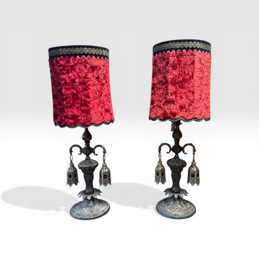 Vintage Pair (2) of Hollywood Regency / Gothic Revival Red Velvet 60s/70s Lamps