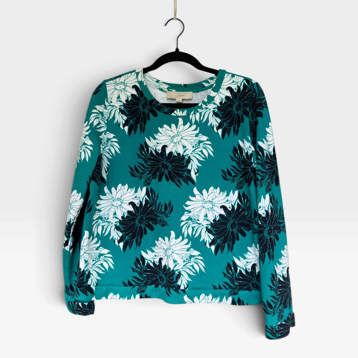 Loft 100% Cotton Teal Sweatshirt With All-Over Floral Print, Size Medium