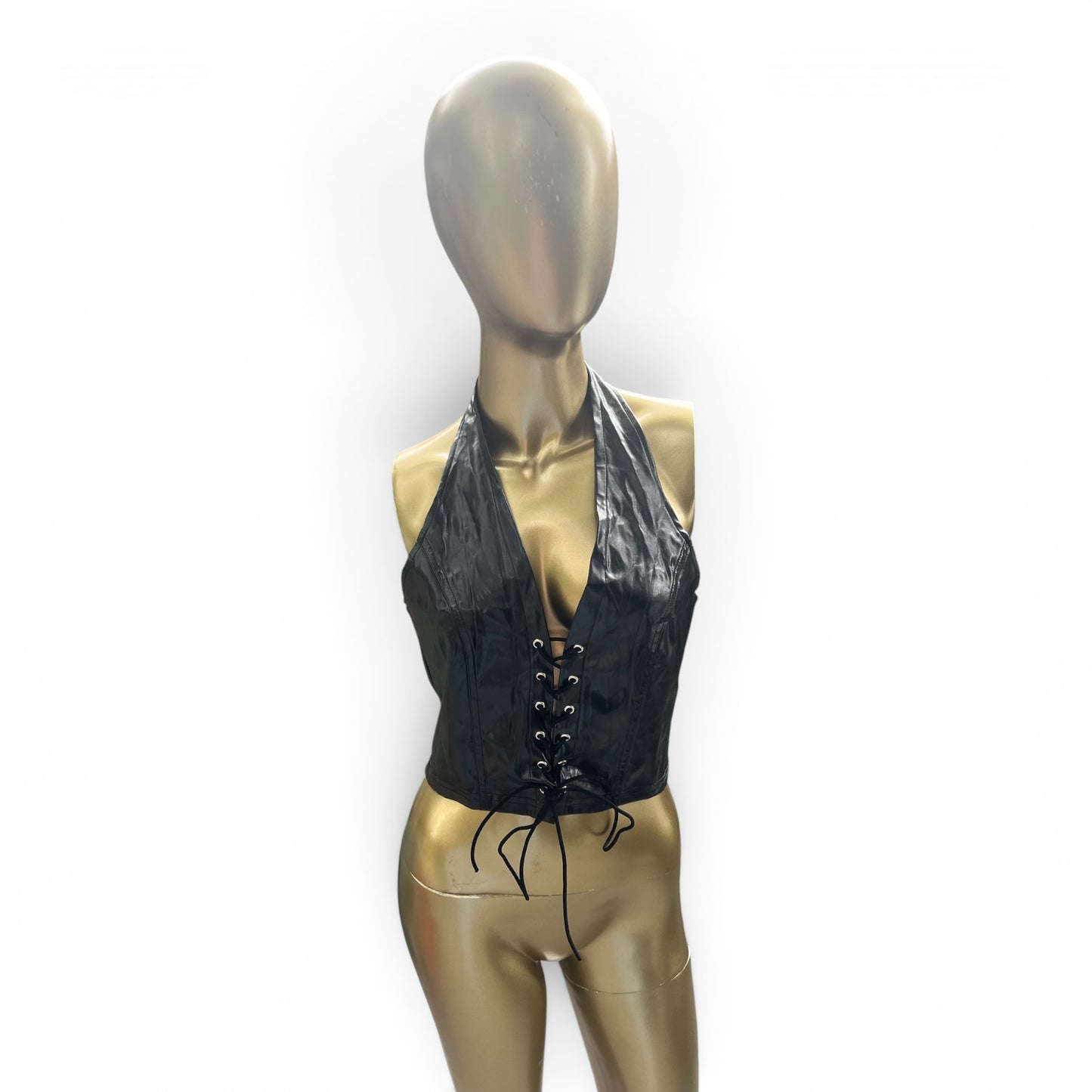 Black Faux Leather Lace-Up Corset-Style Halter Top, Size S