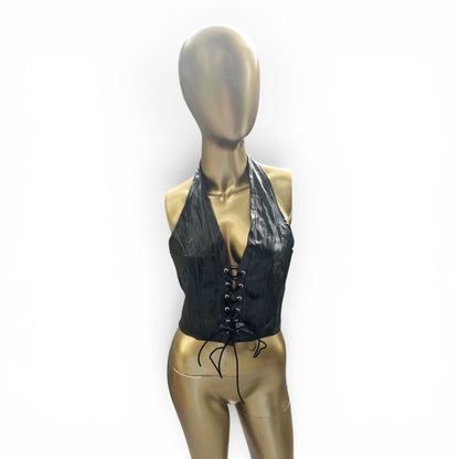 Black Faux Leather Lace-Up Corset-Style Halter Top, Size S