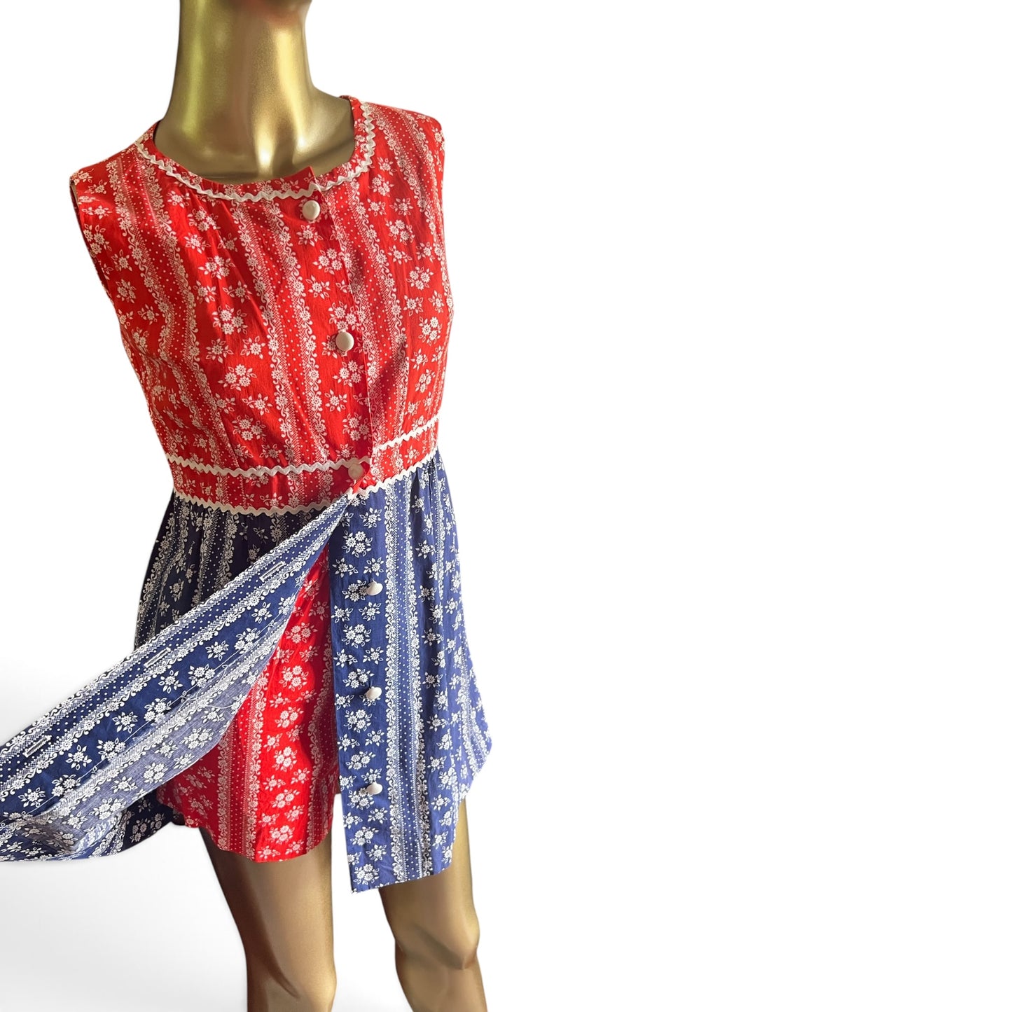 True Vintage Two-Piece Dress & Shorts Set – Red/Blue Floral Calico, XS