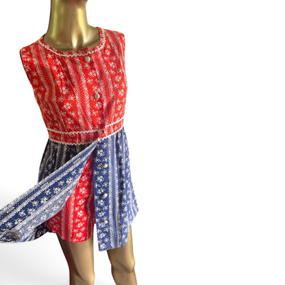 True Vintage Two-Piece Dress & Shorts Set – Red/Blue Floral Calico, XS