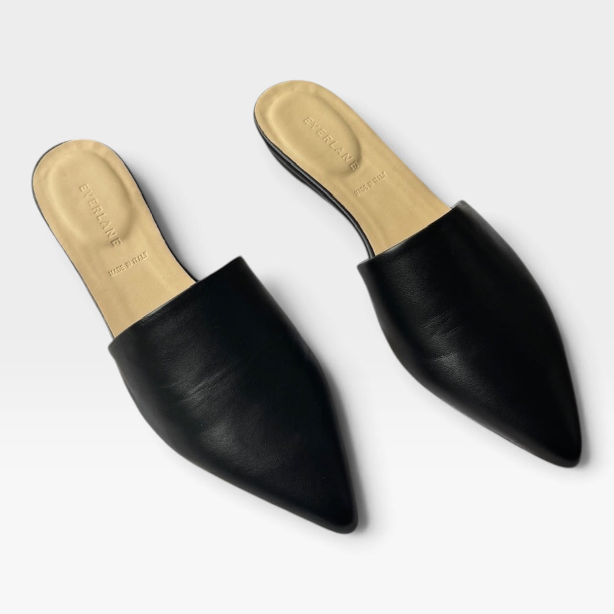 NWT Everlane The Pointed Slide, Black Leather Mules, Slip-On Flats, Size 9