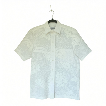 T&L Muumuu Factory Minimalist White Floral Hawaiian Aloha Shirt, Size S/M