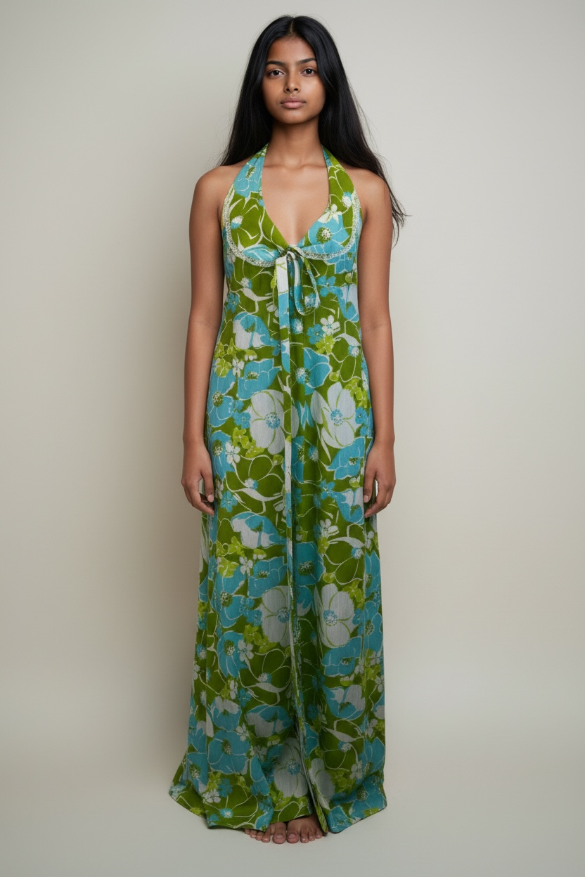 Tropical 1960s Long Sleeveless Floral Dress, size m