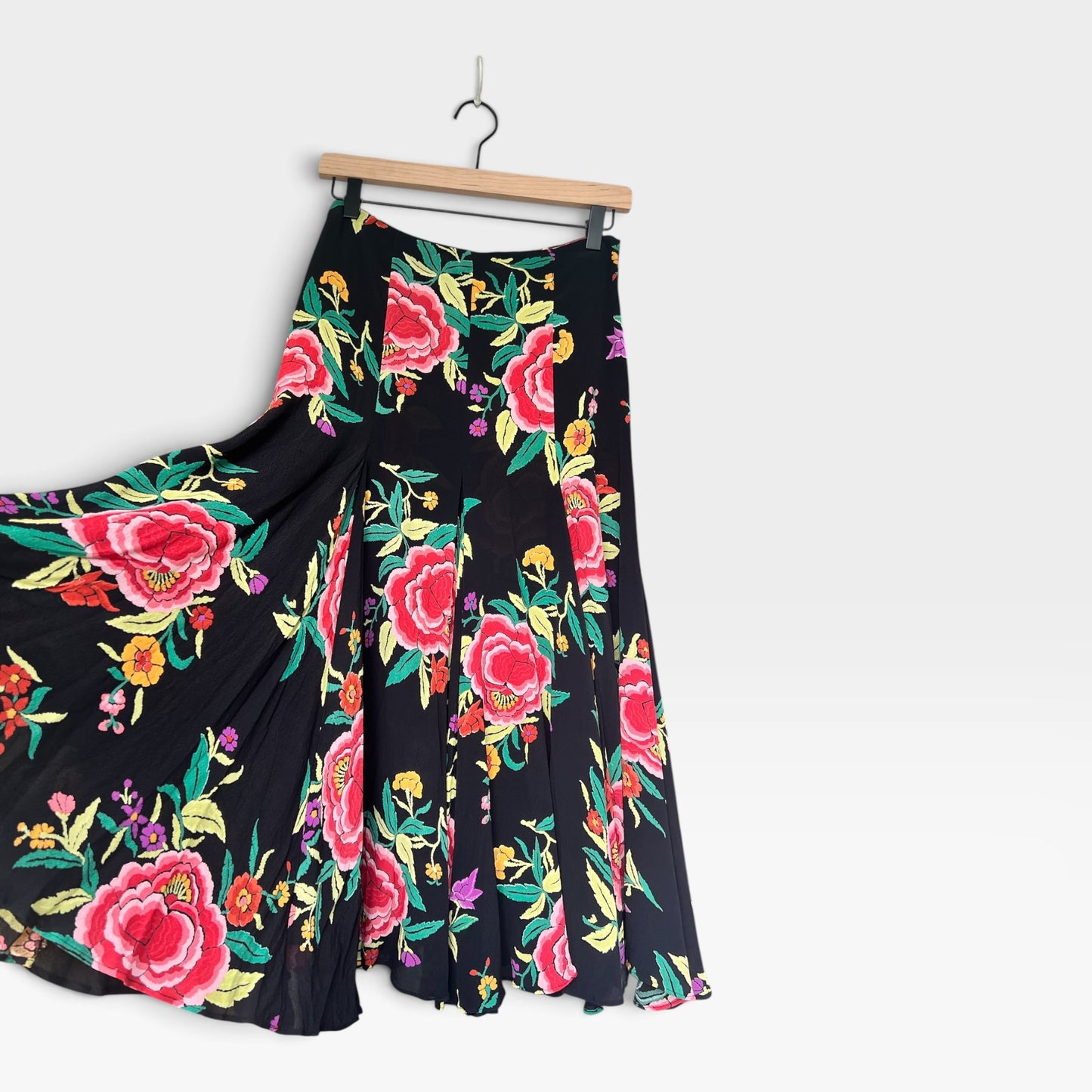 Vintage 80s Norma Kamali Floral Midi Skirt Bold Peony Print Crepe A-Line, Size S