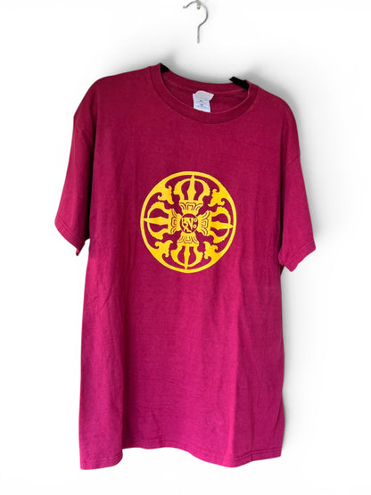 Vintage 90s Tibetan Prayer Wheel Buddhism Burgundy 100% Cotton Tee, Size XL