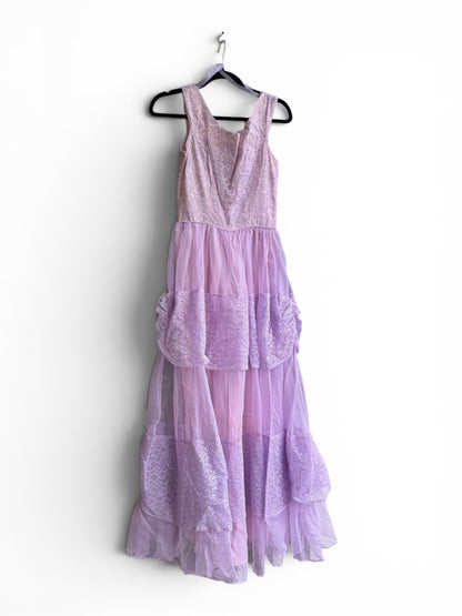 Vintage Lilac Romantic Formal Dress With Tiered Tulle & Lace, Size XS/S