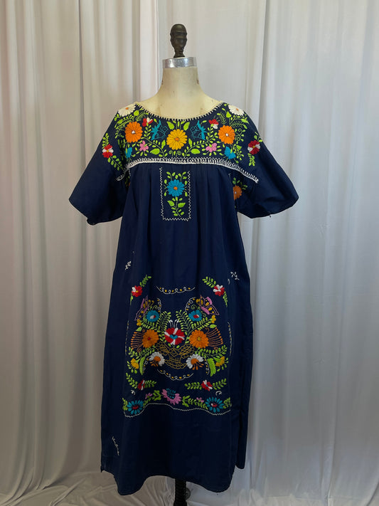Vintage Blue Embroidered Caftan Style Dress, os
