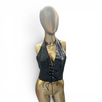 Black Faux Leather Lace-Up Corset-Style Halter Top, Size S