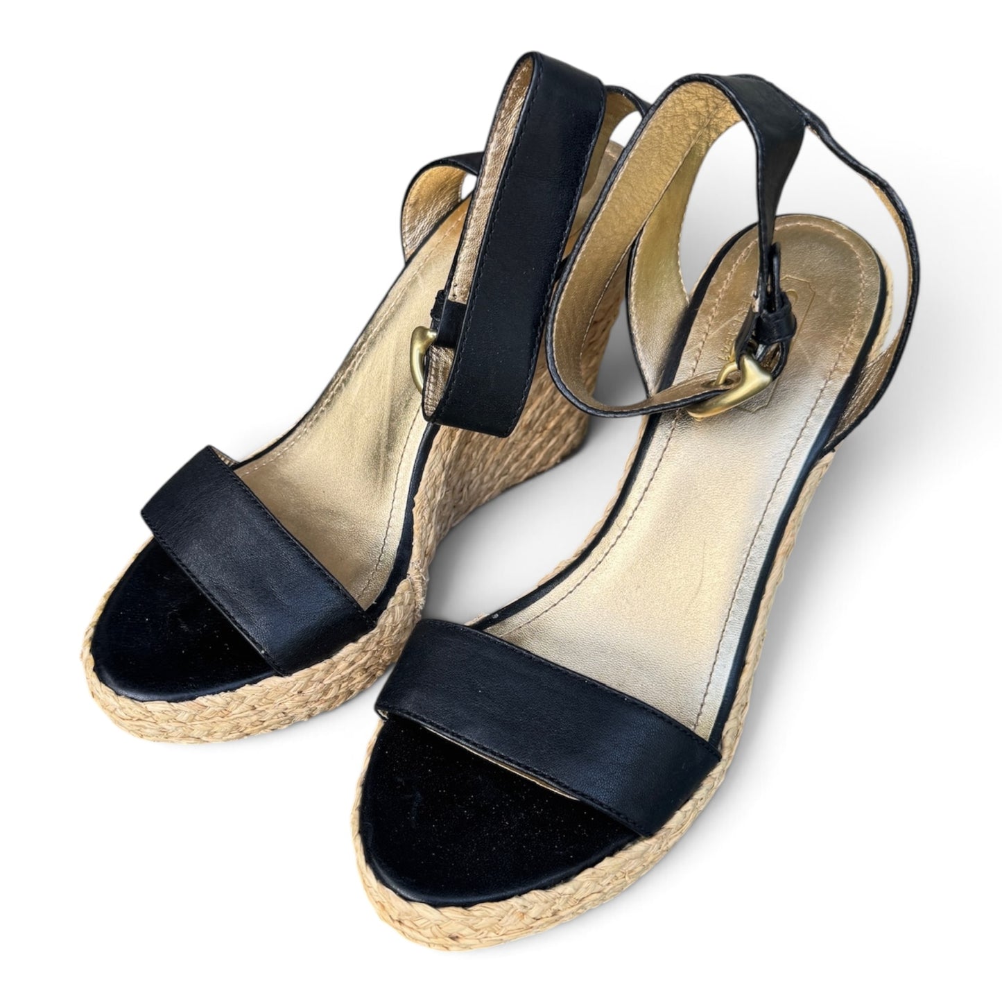 COACH Black Leather Espadrille Platform Wedge Sandals, Size 8.5