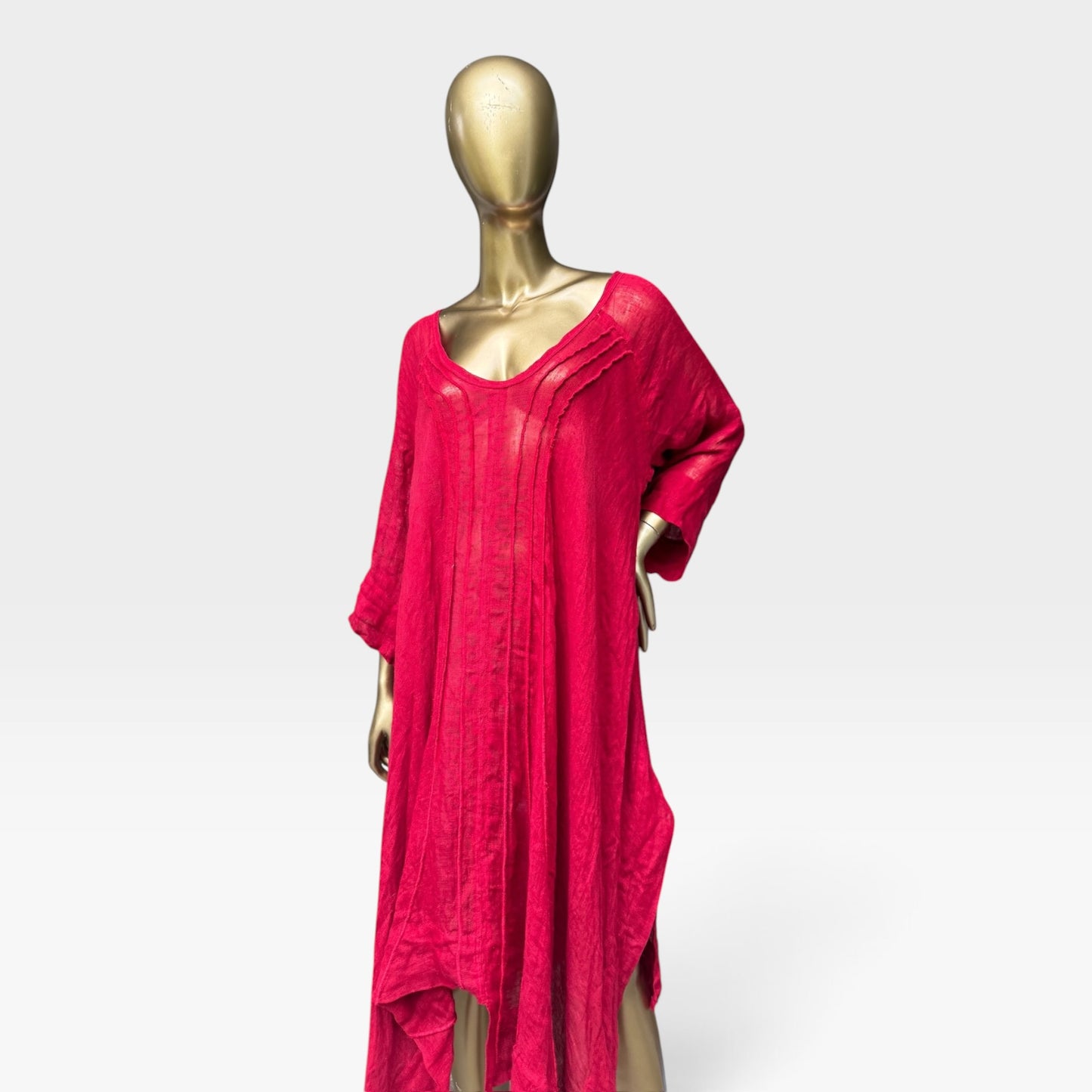 LILI 100% Linen Avant Garde Asymmetrical Kaftan Dress – Red - Size XL
