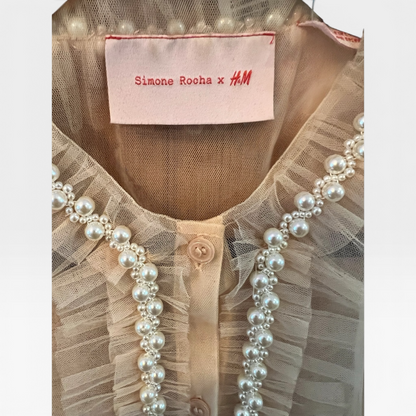 Simone Rocha X H&M Pearl Embellished Tulle Ruffle Puff Sleeve Blouse, S
