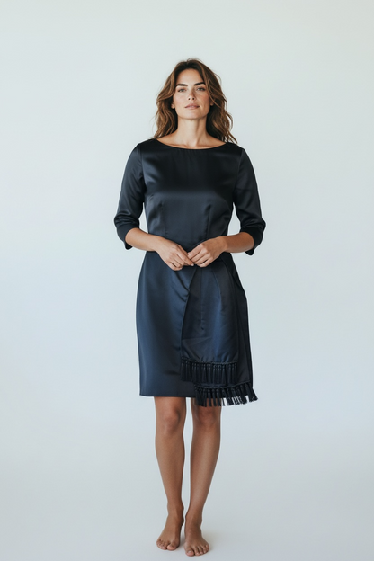 Vintage Black Asymmetric Fringe Hem 50s Cocktail Dress, size xs