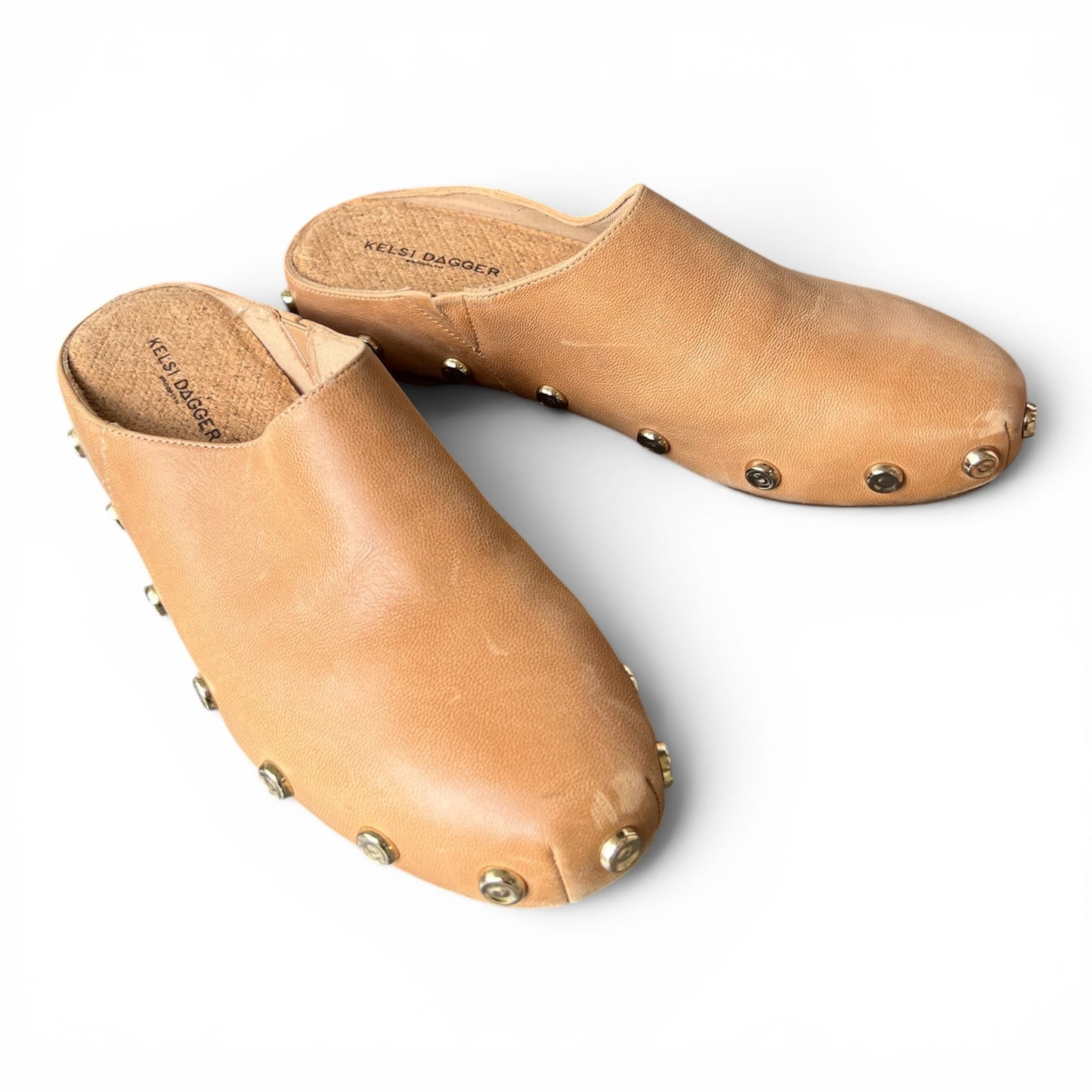 Kelsi Dagger Brooklyn Leather Market Clogs Gold Stud Slides, Size 9.5