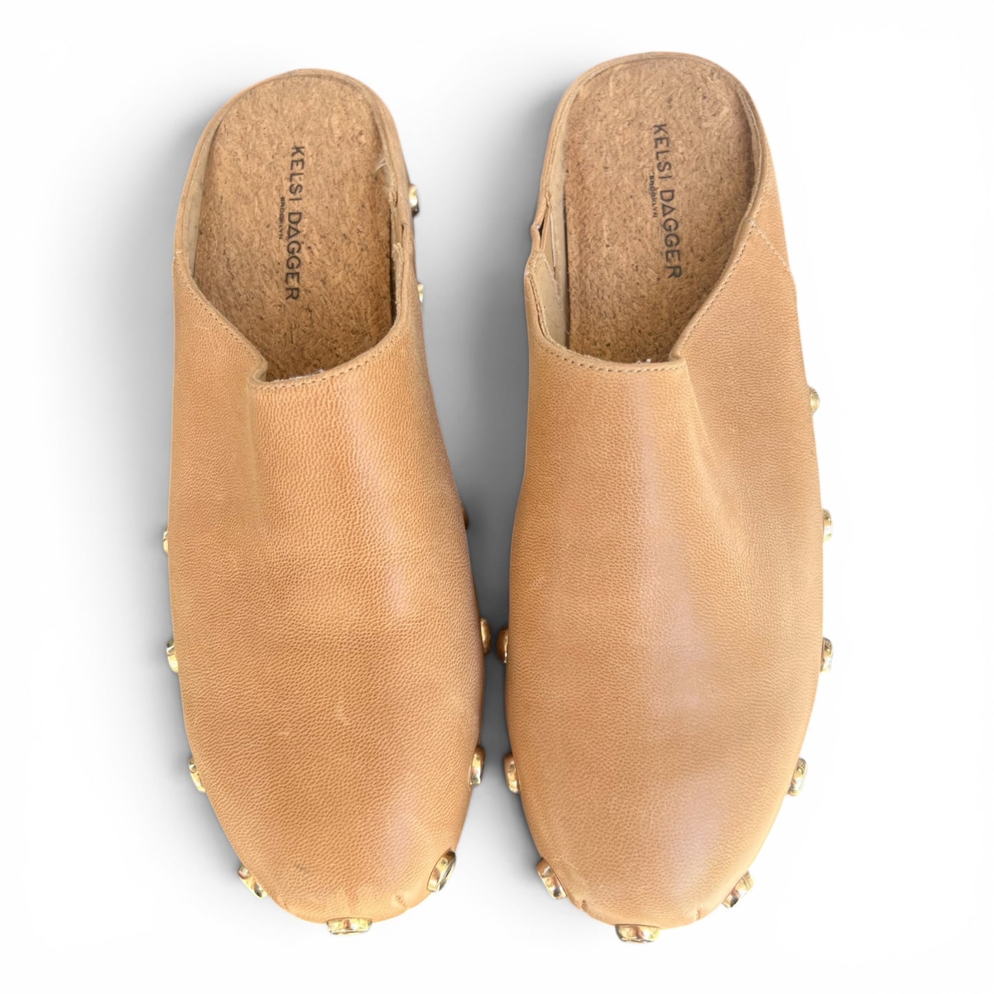 Kelsi Dagger Brooklyn Leather Market Clogs Gold Stud Slides, Size 9.5