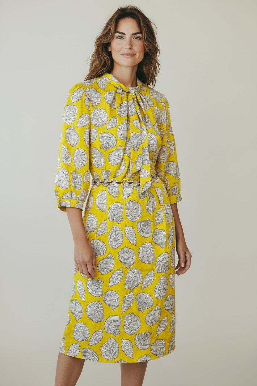 Vintage NWT Yellow Seashell Dress with Belt, size medium