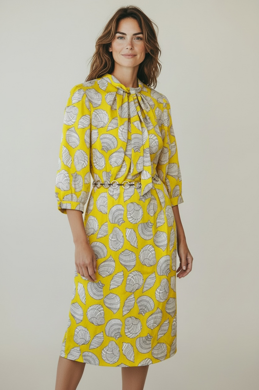 Vintage NWT Yellow Seashell Dress with Belt, size medium