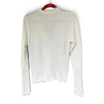 sw_casual Women’s White Textured Cardigan, Frayed Hem & Trim, Size L