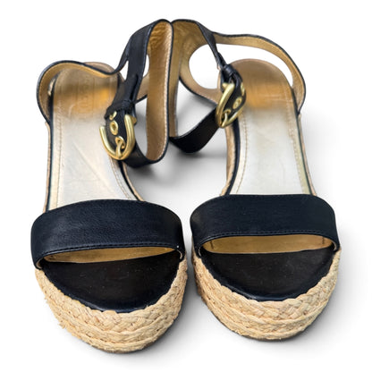 COACH Black Leather Espadrille Platform Wedge Sandals, Size 8.5