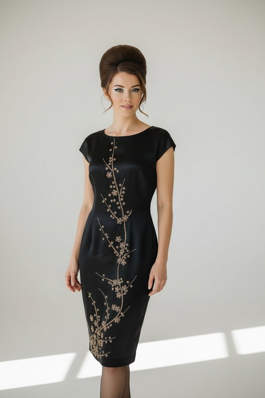 Vintage 60s Black Silk Dress with Gold Floral Embellishment, size m
