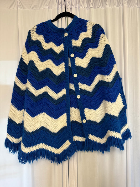 Blue and White Knit/Crochet 70s Poncho - OS