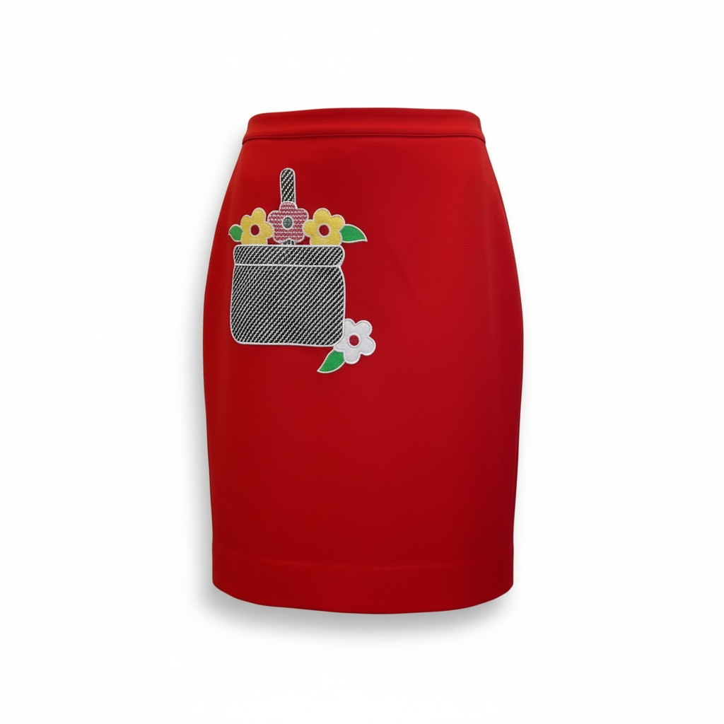 Vintage 70’s Red Skirt with Retro Flower Appliqué, sz small