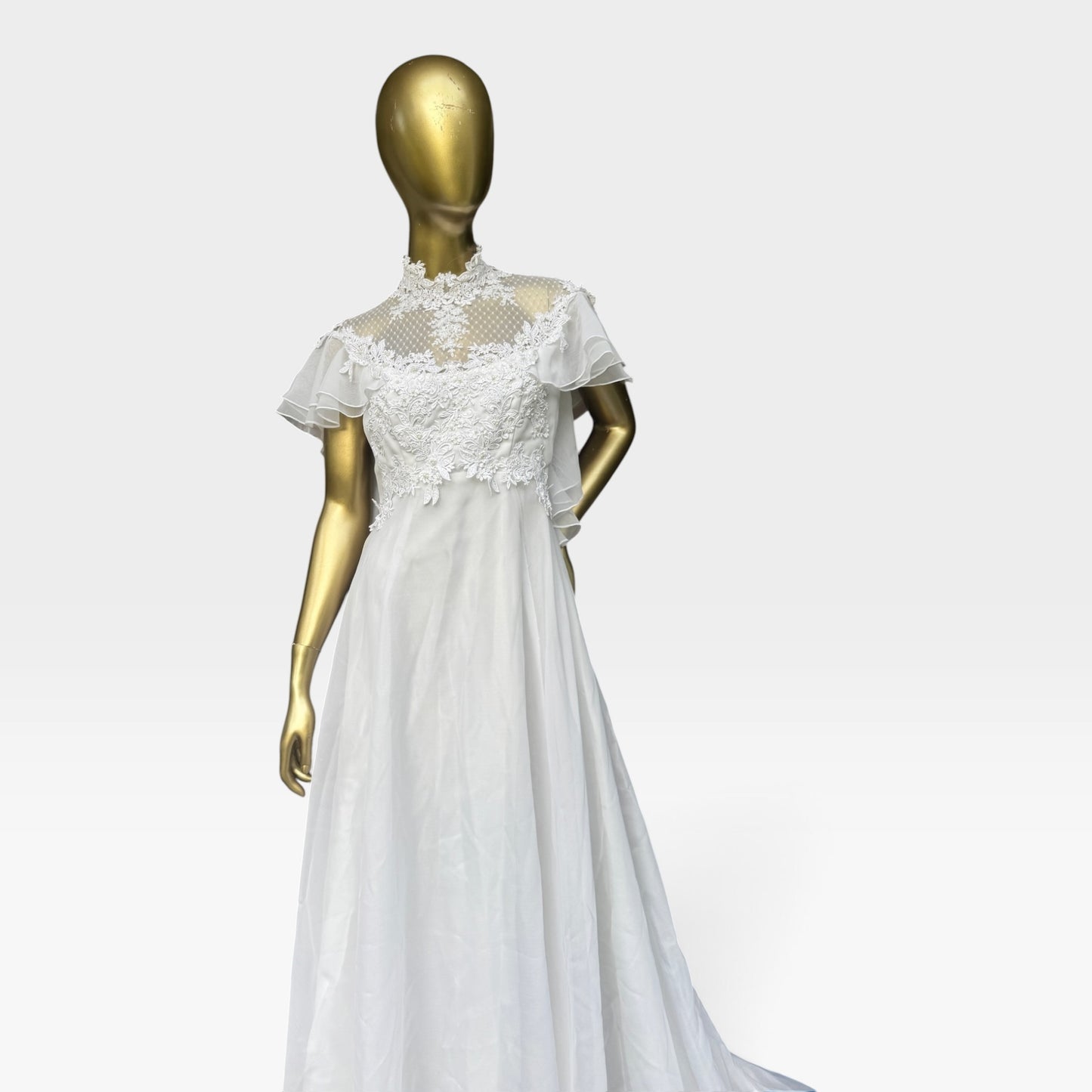 True Vintage 70s Chiffon Wedding Gown, Illusion Lace Back & Train, Size S
