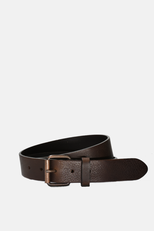 Dark Brown Men’s Leather Belt with Copper Belt Buckle, 3 Sizes Available