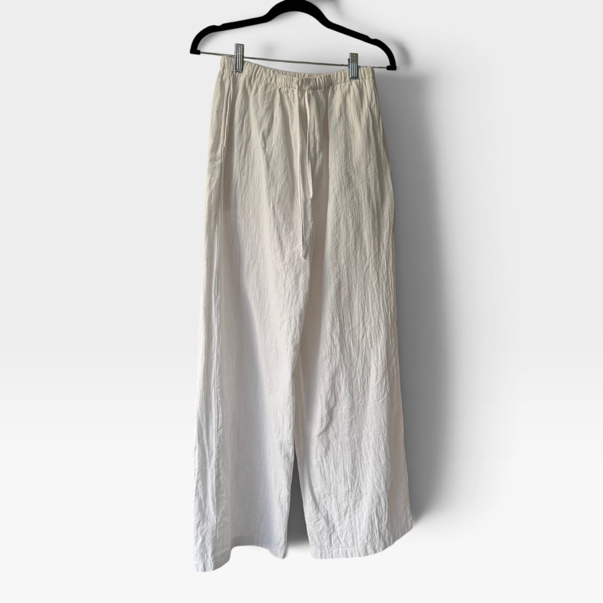 White Linen-Like Flowy Drawstring Waist Pants, Trousers, Size Small