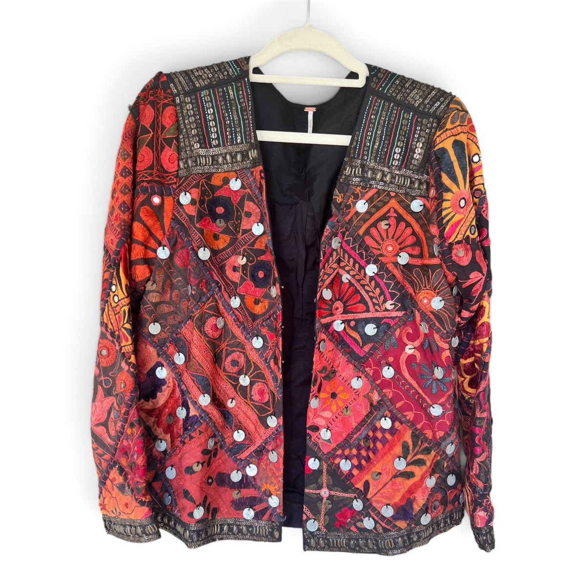 Free People *Rare* “Folk Rock” Embroidered Patchwork Mirror Jacket, Size L