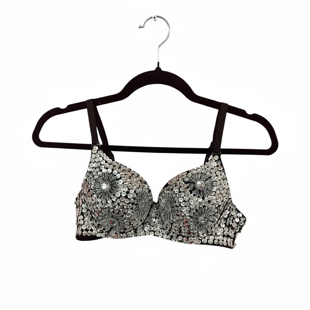 Silver Sequined Black Bra, Size Small