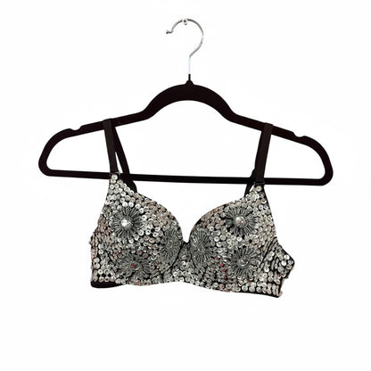 Silver Sequined Black Bra, Size Small