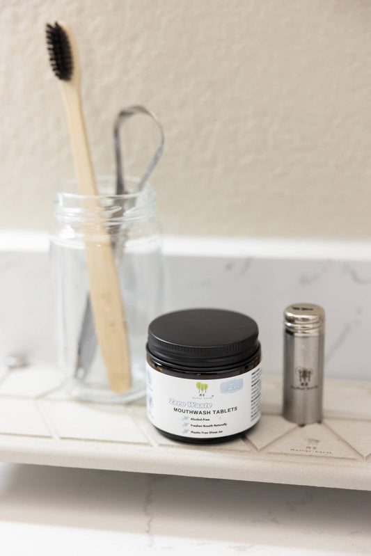 Zero Waste Mouthwash Tablets in Amber Glass Jar