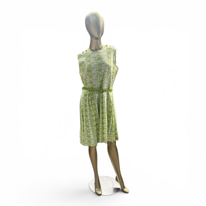Mod 60s True Vintage Belted Green Patterned Dress, Tiki, Size Small