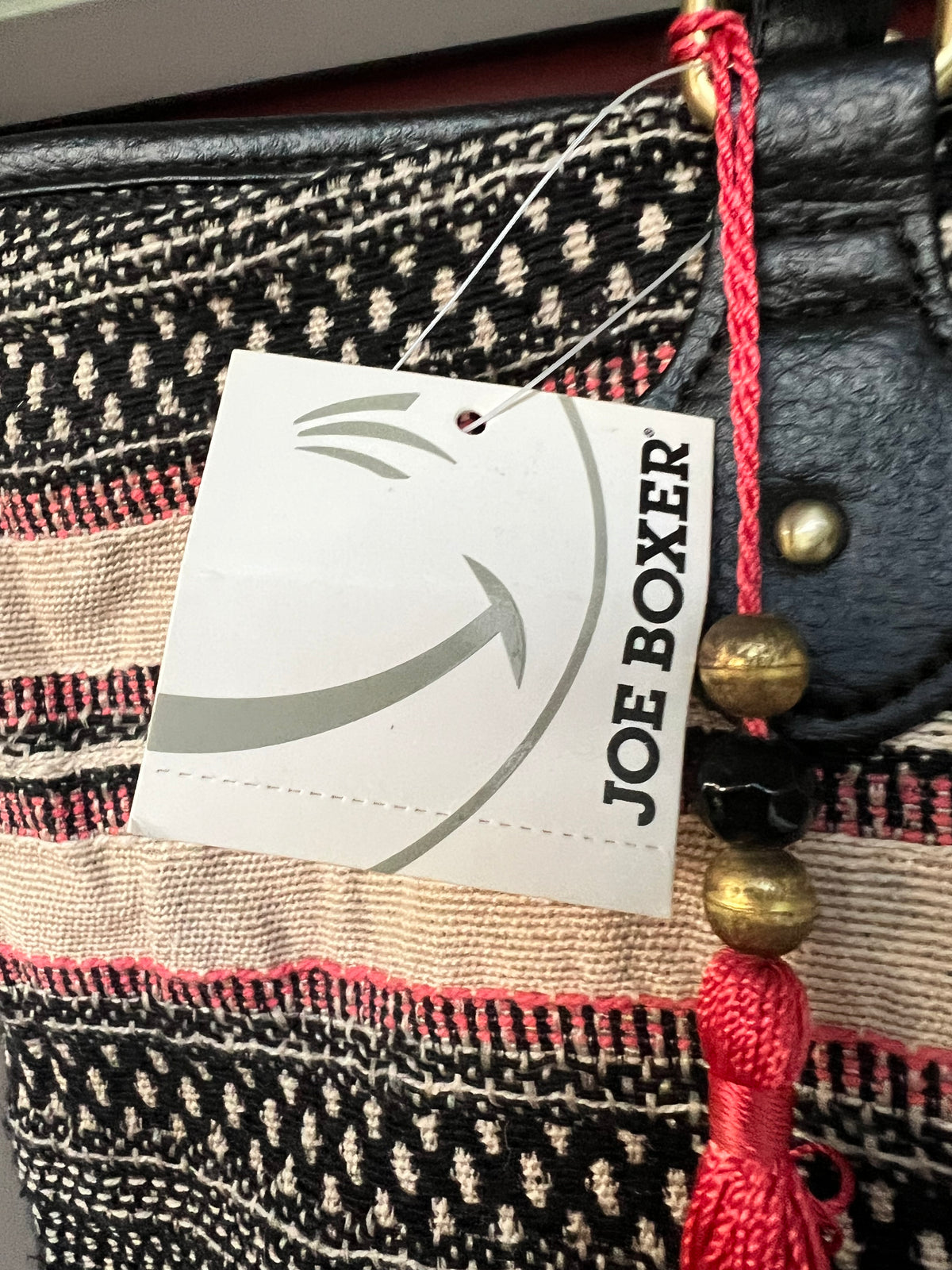 NWT Joe Boxer Boho Tote Bag, Black, White and Pink Tassel Purse
