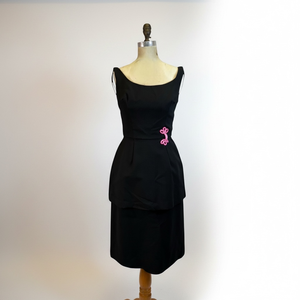 Black Vintage 1950s Sheath Dress with Pink Waist Embellishment