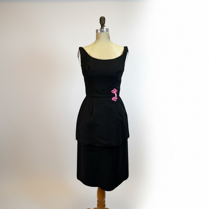 Black Vintage 1950s Sheath Dress with Pink Waist Embellishment