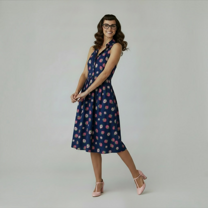NWT ModCloth Strawberry Print Button-Front Midi Dress – Navy Blue – Size M