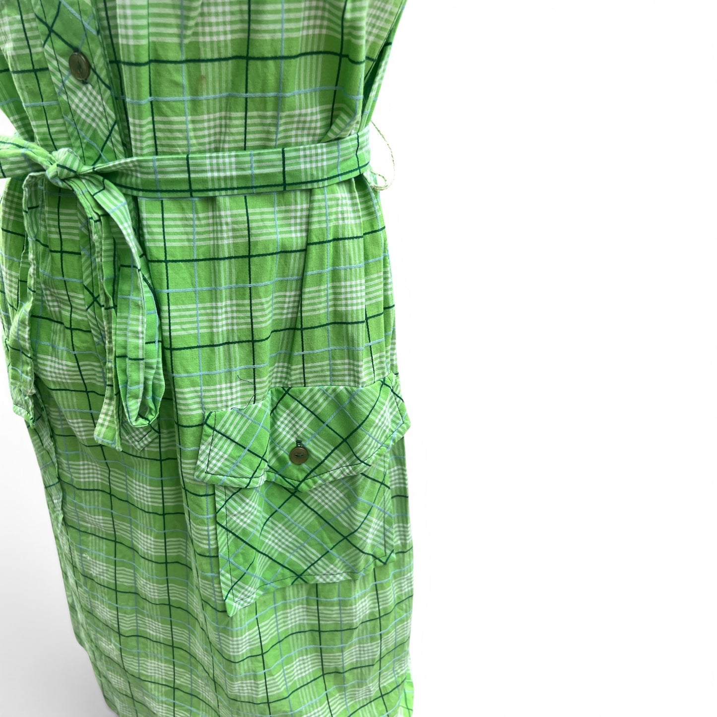 Vintage 70s Green Plaid Shirt Dress, 100% Cotton, Made in Portugal, Size M